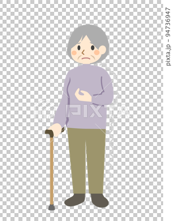 片麻痺　杖をつく高齢女性 94736947