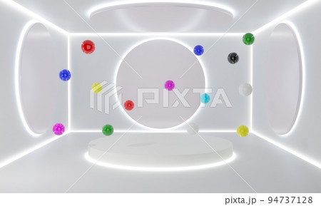 white podium with neon light and colorful balls in the white room.3d rendering. white podium with neon light and colorful balls in the white room.3d rendering. 94737128