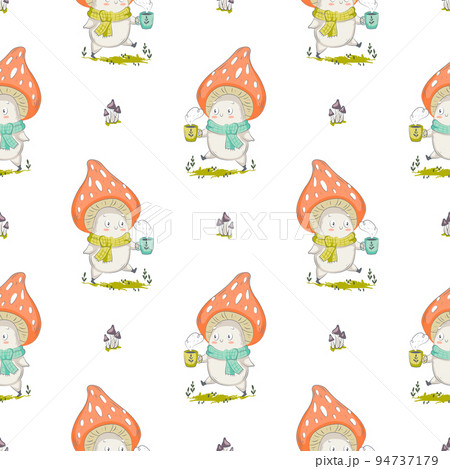 Mushroom cartoon vector illustration for posters, T-shirt print, postcard. Kids card print template and seamless background pattern  94737179