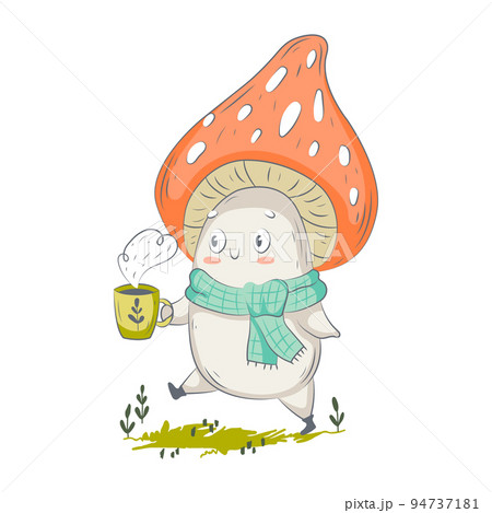 Cute funny amanita mushroom. Vector isolated hand drawn cartoon kawaii character. Illustration for posters, T-shirt print, postcard, card, baby textile. Vector illustration 94737181