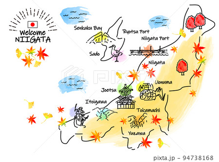 秋の新潟県の観光地のシンプル線画イラストマップ 94738168