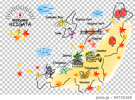 Simple line drawing illustration map of tourist spots in Niigata Prefecture in autumn 94738168