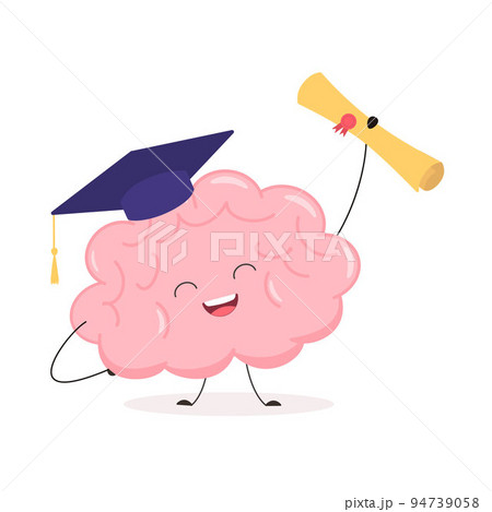 Cute brain in graduation cap with diploma. Kawaii funny human brain character Cute brain in graduation cap with diploma. Kawaii funny human brain character 94739058