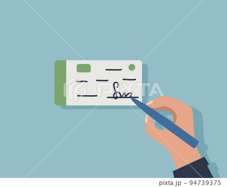 A businessman signs a check for payment or a checkbook. Vector illustration flat cartoon style. 94739375
