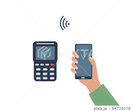 Contactless payment of POS terminal by phone via wifi. Purchase transaction by phone. Vector illustration in a flat style 94739376