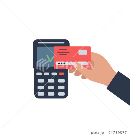 Contactless payment of POS terminal by bank card via wifi. Purchase transaction by credit card. Vector illustration in a flat style Contactless payment of POS terminal by bank card via wifi. Purchase transaction by credit card. Vector illustration in a flat style 94739377