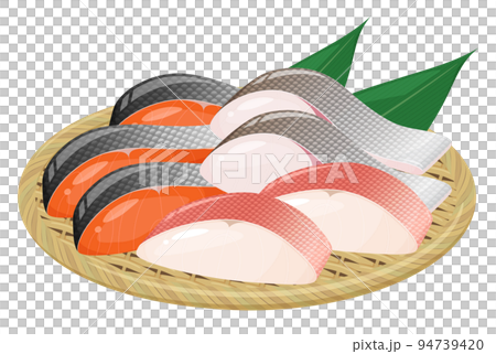 Illustration of a platter of fish fillets on a colander 94739420