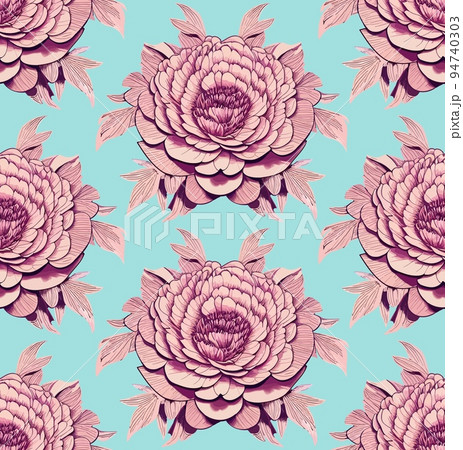Seamless pattern of peonies flowers, pink on blue, high quality vector, modern botanic style Seamless pattern of peonies flowers, pink on blue, high quality vector, modern botanic style 94740303