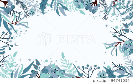Christmas border with decorative flowers, leaves, blue berries, spruce branch. Winter composition perfect for greeting cards, poster, banner. Vector 94741034