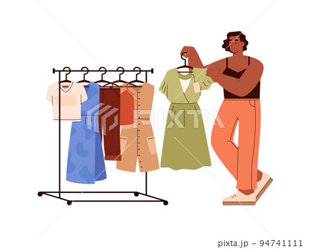 Woman taking off dress from a hanger rack flat vector illustration isolated. Woman taking off dress from a hanger rack flat vector illustration isolated. 94741111