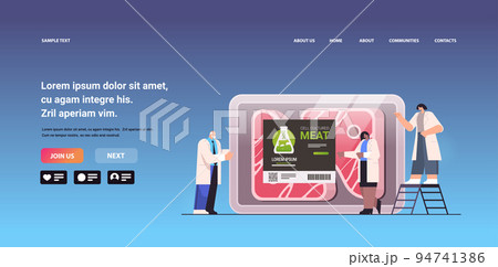 scientists looking at plastic container with cultured red raw meat made from animal cells artificial lab grown meat production 94741386