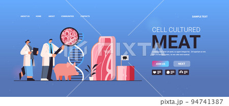 scientists analyzing dna of cultured red raw meat made from animal cells artificial lab grown meat production concept 94741387