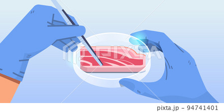 scientist hands holding cultured red raw meat made from animal cells artificial lab grown meat production concept horizontal 94741401