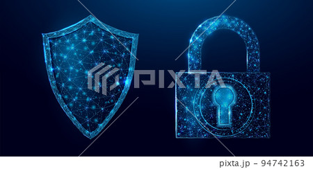 Guard shield and padlock. Cyber security concept with glowing low poly shield and lock on dark blue background. Wireframe low poly design. Abstract futuristic vector illustration 94742163