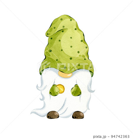 St Patrick's day leprechaun with gold coin. Watercolor gnome clipart. Hand drawn illustration of leprechaun isolated on white. 94742363