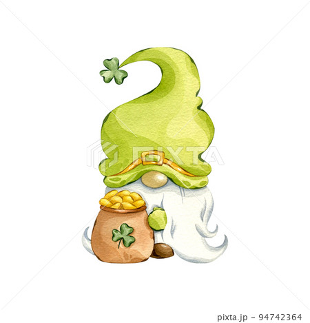 St Patrick's day leprechaun clipart. Watercolor gnome with gold. Hand drawn illustration of leprechaun isolated on white. 94742364