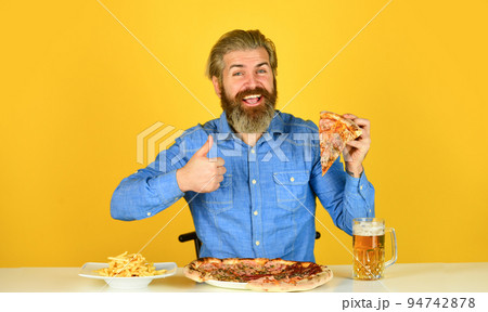 Could not be better. Pizza party concept. Beer and food. Dinner at pub. Hungry man going to eat pizza and drink beer. Finally pizza time. Pizzeria restaurant. Cheerful man bearded hipster eat pizza Could not be better. Pizza party concept. Beer and food. Dinner at pub. Hungry man going to eat pizza and drink beer. Finally pizza time. Pizzeria restaurant. Cheerful man bearded hipster eat pizza 94742878