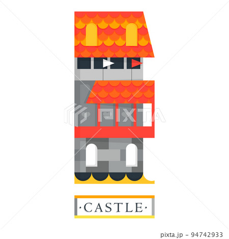 Fantasy dragon castle with scaly roof and hearts. Fantasy dragon castle with scaly roof and hearts. 94742933