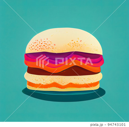 Hamburger bright illustration. Stylized hamburger on a blue background. Fast food restaurant. Digital illustration. Hamburger bright illustration. Stylized hamburger on a blue background. Fast food restaurant. Digital illustration. 94743101