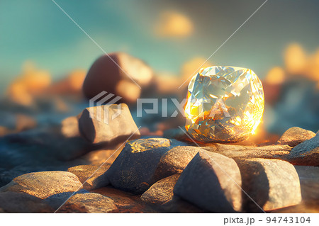 Diamond sparkles outdoors. Sparkling faceted stone on a blurred background. Bright sparkling faceted crystal. Faceted Brilliant Talisman. 3D Digital illustration. 94743104