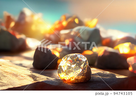 Faceted crystal sparkling in the sun. Huge sparkling diamond. Faceted Brilliant Talisman. 3D Digital illustration. 94743105