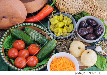 Various fermented vegetable food in bowls. Set of marinated products. Healthy food. Various fermented vegetable food in bowls. Set of marinated products. Healthy food. 94743188