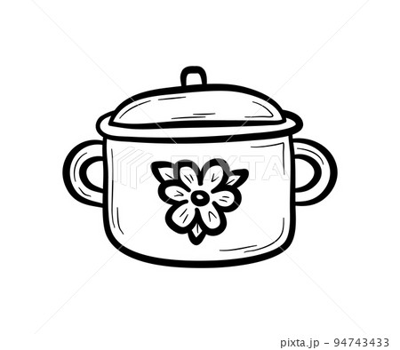 Hand drawn cooking pot with flower print.  Tableware, kitchen utensil for boiling.  Flat vector illustration in doodle style. 94743433