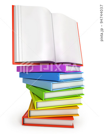 Stack of colorful books with open book on the top Stack of colorful books with open book on the top 94744037