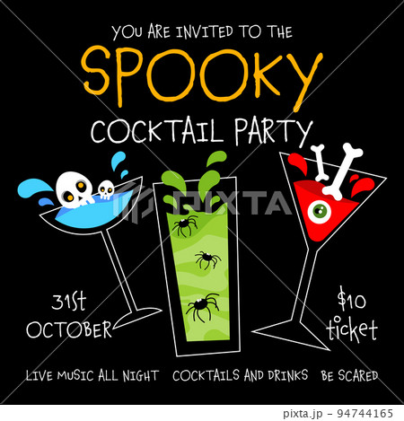 Spooky cocktail party invitation for Halloween celebration on October 31. Spooky blue, yellow and red drinks with skull, bones, eye and spiders inside glasses. Vector illustration in flat style. 94744165