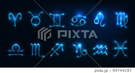 Futuristic set of 12 zodiac sign glyphs in glowing low polygonal style on dark blue background Futuristic set of 12 zodiac sign glyphs in glowing low polygonal style on dark blue background 94744297
