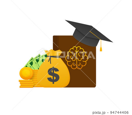 Investment in education. Scholarship. Books. Graduate s cap on stack golden coin. Vector illustration. Investment in education. Scholarship. Books. Graduate s cap on stack golden coin. Vector illustration. 94744406