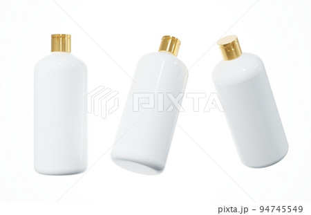 Different views of plastic shampoo bottle 3D render isolated on white background, cosmetic hair care product design concept and branding ready mockup 94745549