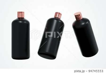 Different views of black plastic shampoo bottle 3D render isolated on white background, cosmetic hair care product design concept and branding ready mockup Different views of black plastic shampoo bottle 3D render isolated on white background, cosmetic hair care product design concept and branding ready mockup 94745553