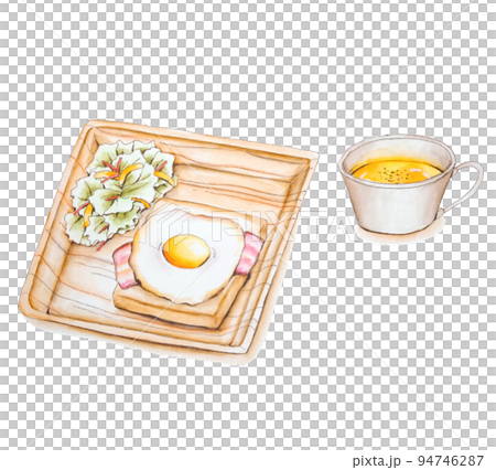 ベーコンエッグトーストのモーニングセット　手描き　水彩 94746287