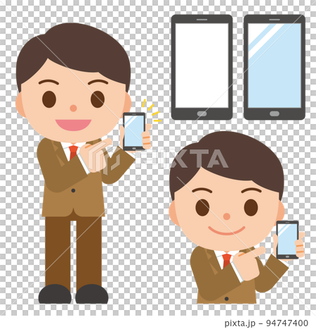 A man in a suit pointing at a smartphone screen 94747400