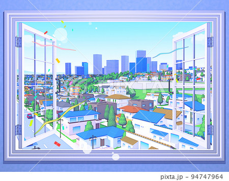 窓　住宅街 　パステルカラー　街並み　風景　背景　CG 94747964