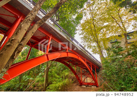 秋の東京都世田谷区の等々力渓谷に架かる赤いゴルフ橋 94748952