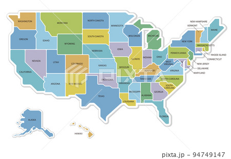 アメリカ合衆国の地図 50州色分け 州名入り アメリカ合衆国の地図 50州色分け 州名入り 94749147