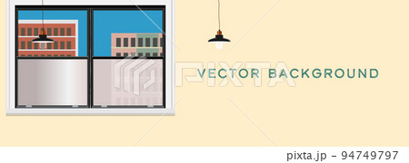 クリーム色の壁とビルの景色が見える窓とレトロな吊り下げライトの部屋の背景イラスト　デザイン　バナー 94749797