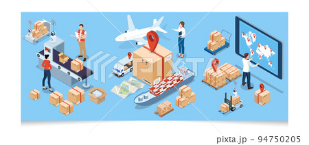 3D isometric Global logistics network concept with Transportation operation service, Export, Import, Cargo, Air, Road, Maritime delivery. Vector illustration EPS 10 94750205