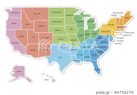 アメリカ合衆国の地図　4地域と9地区の色分け　州名入り 94750270