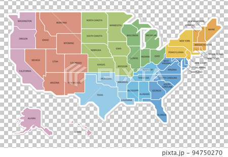 アメリカ合衆国の地図　4地域と9地区の色分け　州名入り 94750270