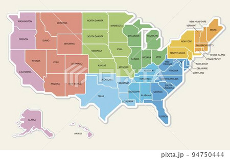 アメリカ合衆国の地図　4地域と9地区の色分け　州名入り 94750444