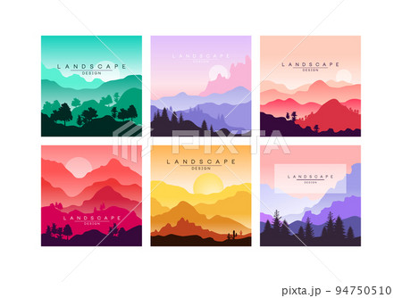 Set of beautiful mountain landscapes. Picturesque scenes with mountains, sky and sun cartoon vector illustration 94750510