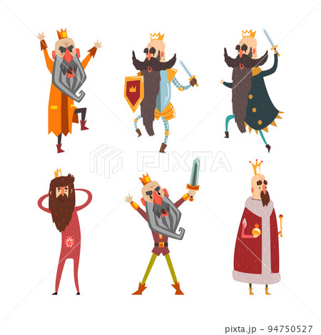 Set of funny bearded kings in golden crowns and mantles. Monarchy, kingdom concept cartoon vector illustration 94750527