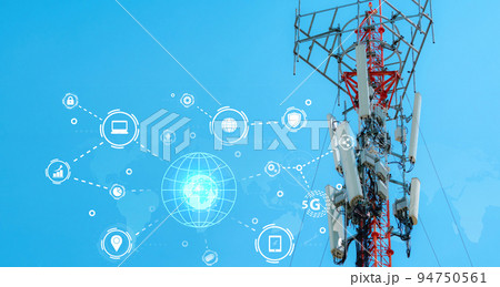 Telecommunication tower for 5g network. Antenna on blue sky. Communication technology. Telecommunication industry. Mobile or telecom 5g network. Network connection business. Online service connection. 94750561