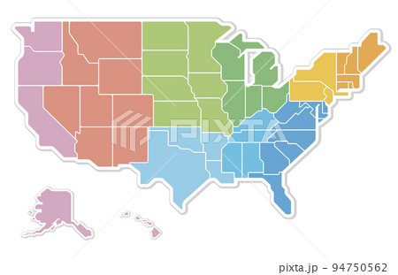 アメリカ合衆国の地図　4地域と9地区の色分け　カラフル 94750562