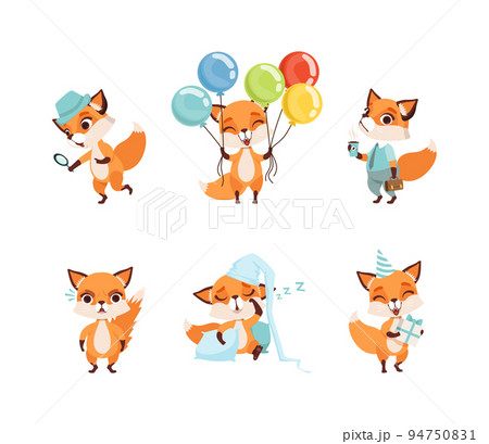 Cute fox cub in different activities set. Lovely baby animal following the trail, holding colorful balloons, drinking coffee, sleeping cartoon vector illustration 94750831