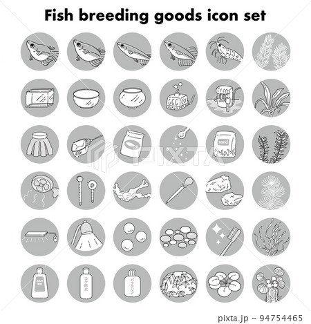 魚の飼育グッズのアイコンセット（白黒） 94754465