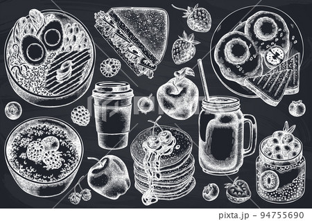 Breakfast hand drawn vector illustrations collection. Chalk sandwich, pancakes, bowl with avocado, porridge with berries, chia pudding, fried eggs, raspberry, blueberry, strawberry, apples, paper cup 94755690